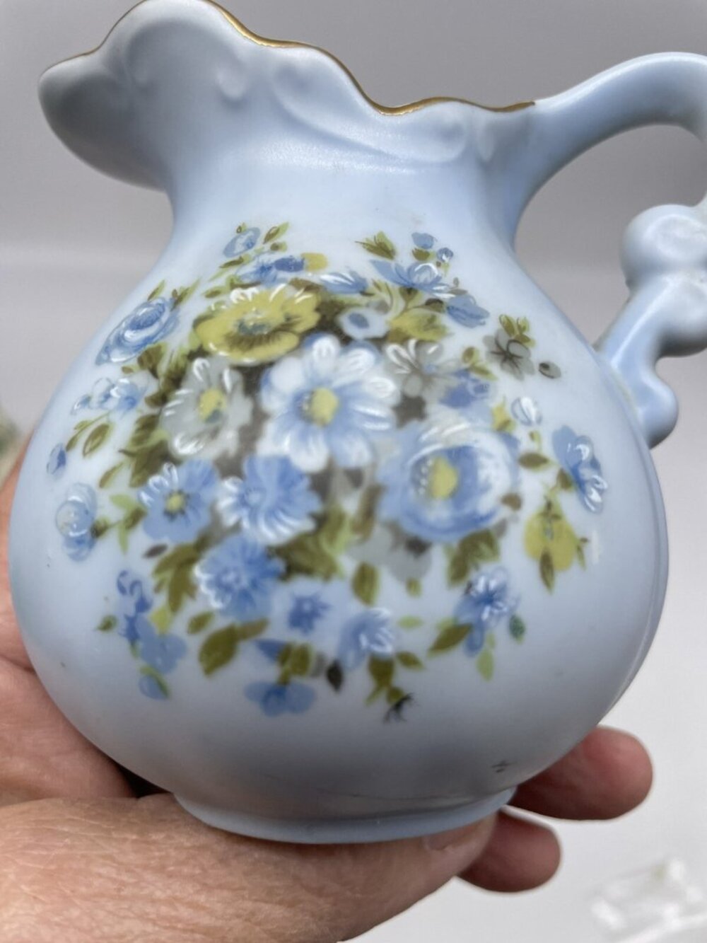 Lefton Hand Painted Mini Blue Floral Pitcher Vase  Flowers 3.5”